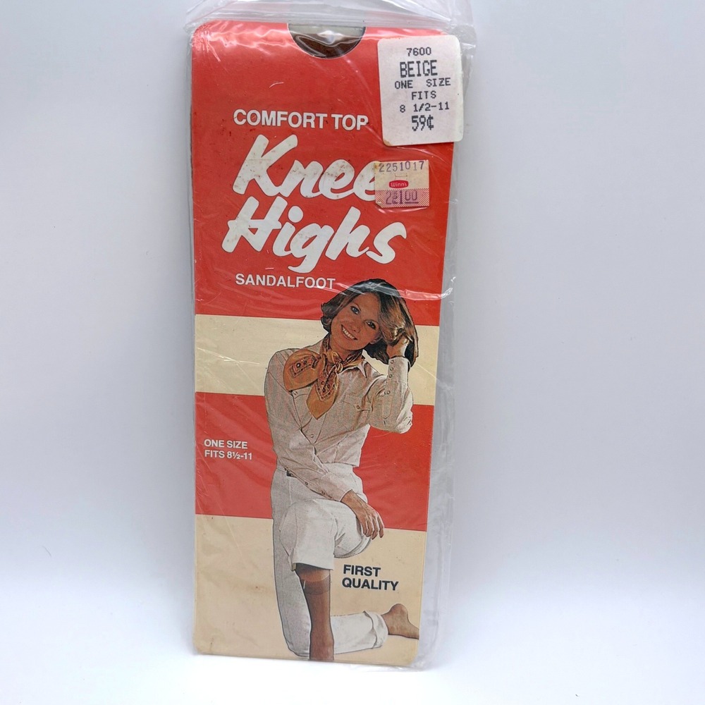 Vintage Comfort Top Knee Highs Beige Sandalfoot Sheer Hosiery One Size USA Made